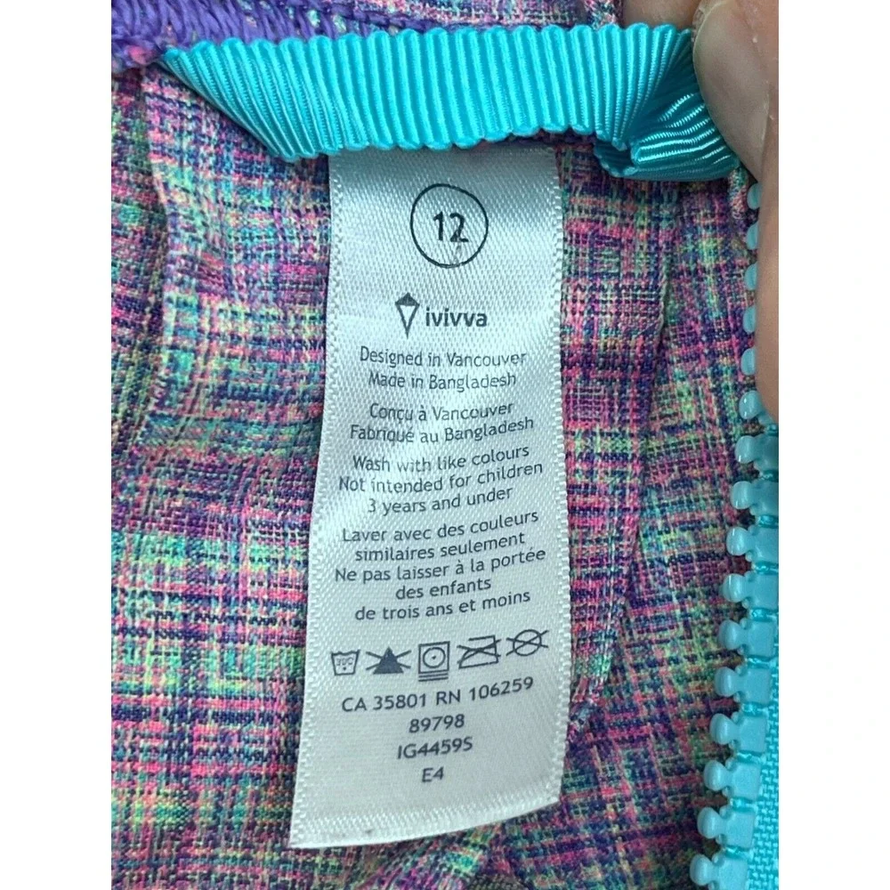 Ivivva Girls Hooded Lightweight Zip-Up Jacket Size 12 Purple & Turquoise‎ Plaid